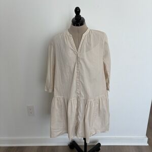 Uniqlo Womens Dress Medium Beige 100% Cotton Gathered 3/4 Sleeve Mini Length